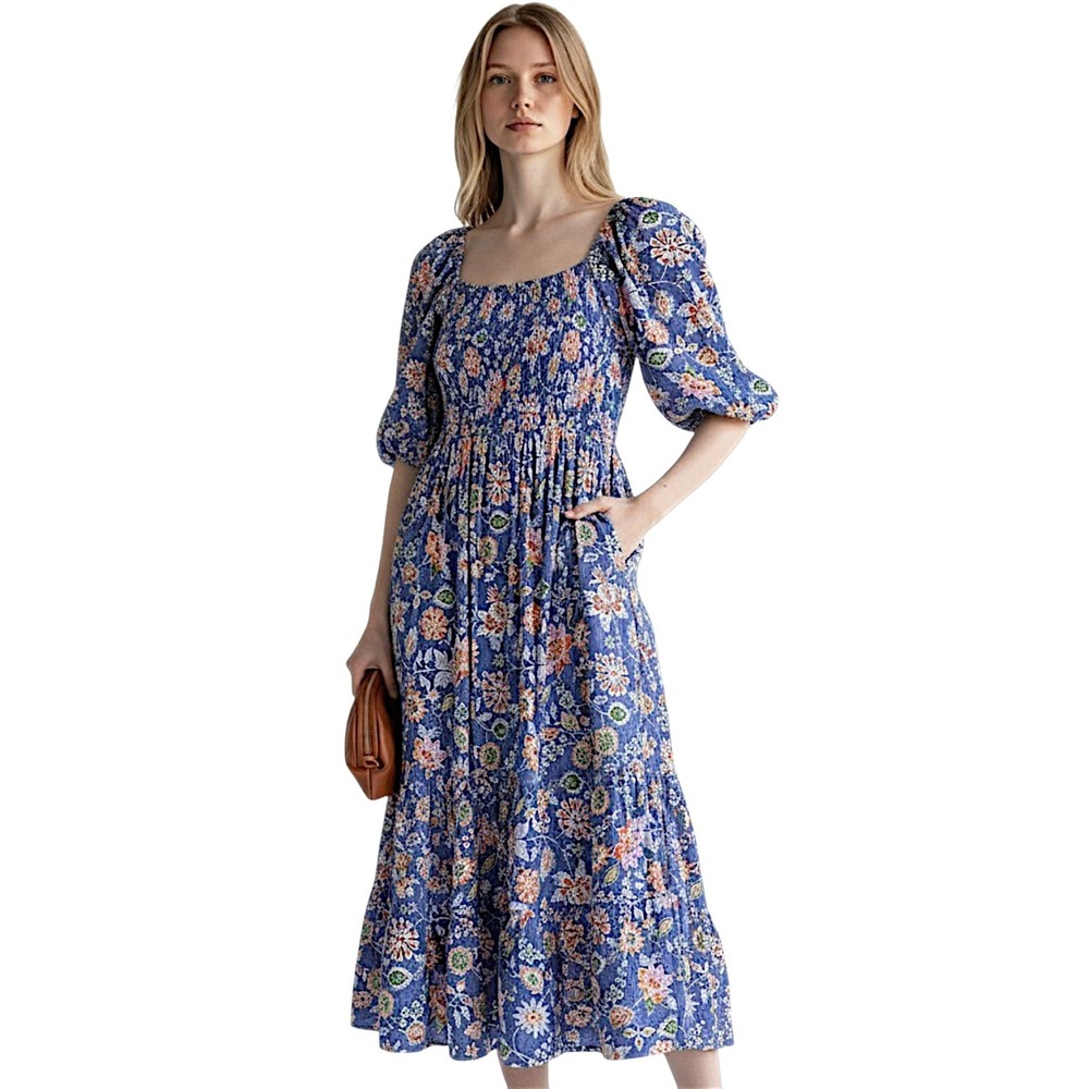 Angie Maxi Dress M Periwinkle Blue Floral Tiered Smocked Fairy Boho Peasant